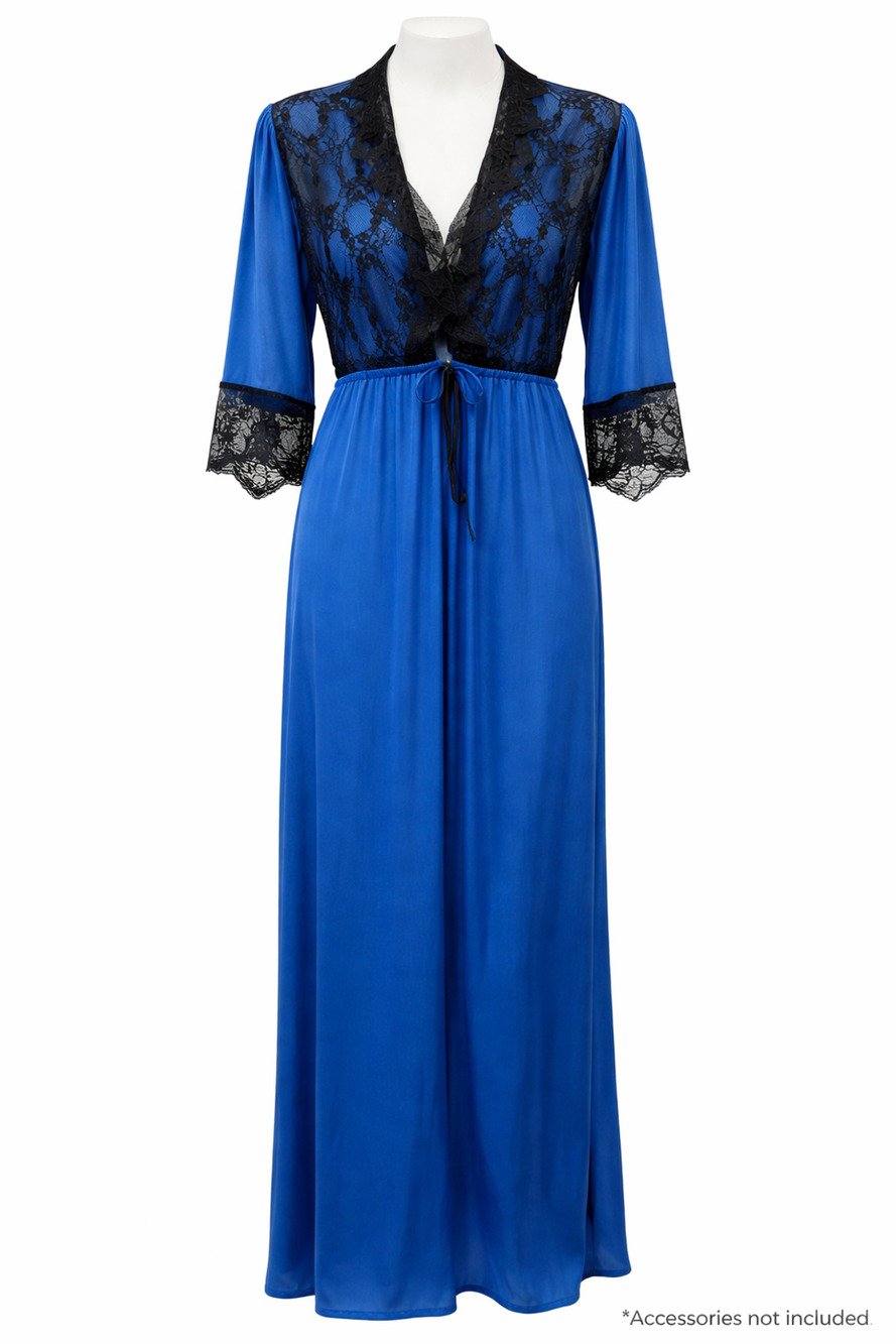 Prestige Blue Lace Trim Long Robe Sheer Floral Sleeve Lingerie Dressing Gown